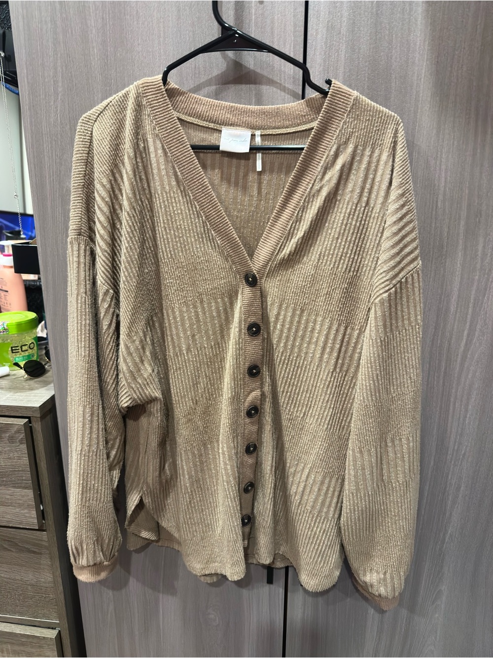 Urban Outfitters Ribbed V-Neck Button Front Cardigan in Beige